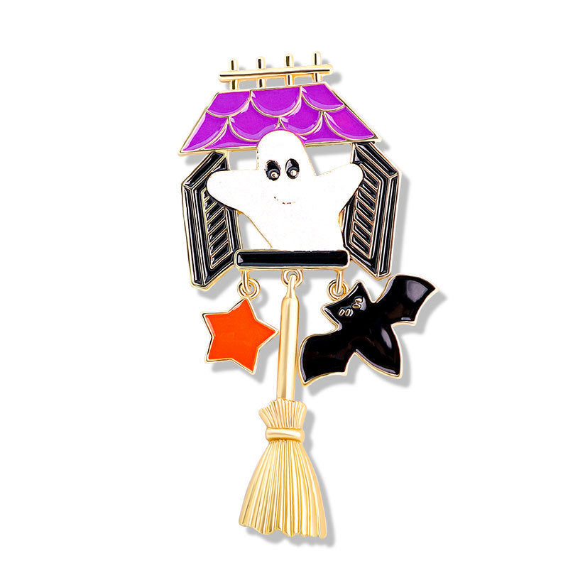 Halloween Brat Broom Pumpkin Head Cartoon Brooch