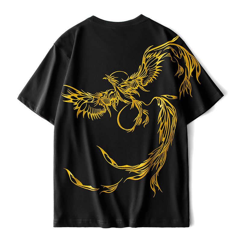 Embroidered Phoenix Individual Short-sleeved T-shirt National Fashion Hip Hop Men's Casual Clothes