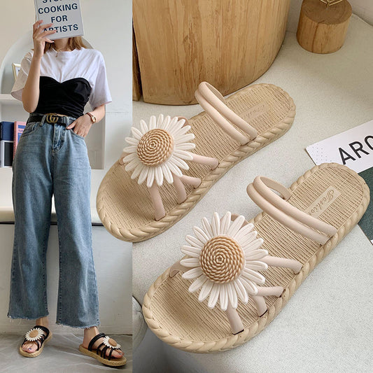 All-match Outer Wear Student Fairy Style Flat Sandals And Slippers With Small Wrinkle Chrysanthemum