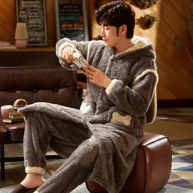 Men's Fleece Thickened Long Coral Fleece Pajamas Set