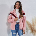 High Neck Stitching Striped Pocket Zipper Plush Jacket