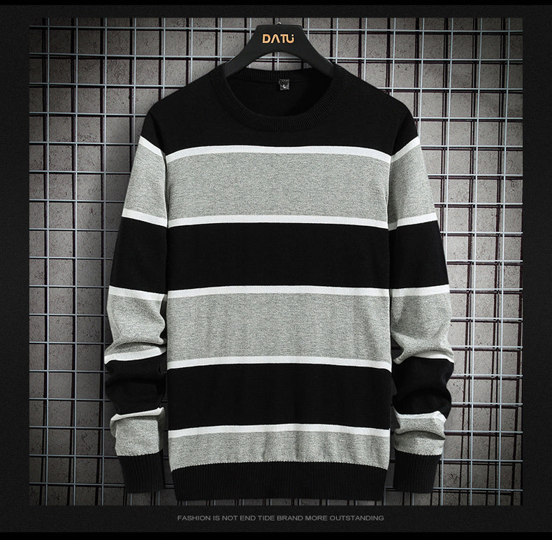 Men's Plus Velvet Thick Knit Sweater Bottoming Shirt Striped Contrast Color Warm Clothes