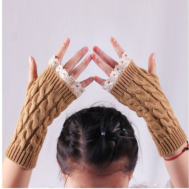 Women's Warm Lace Lengthened Knitted Half-finger Gloves