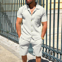 Men's Lapel Cardigan Shorts 2 Pieces Suit Summer Solid Color Vertical Stripes Short Sleeve Shorts