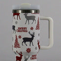 New Christmas Pattern Mug With Handle Lid Straw Drinkware Stainless Steel Vacuum Tumbler Large Capacity Car Travel Coffee Cup