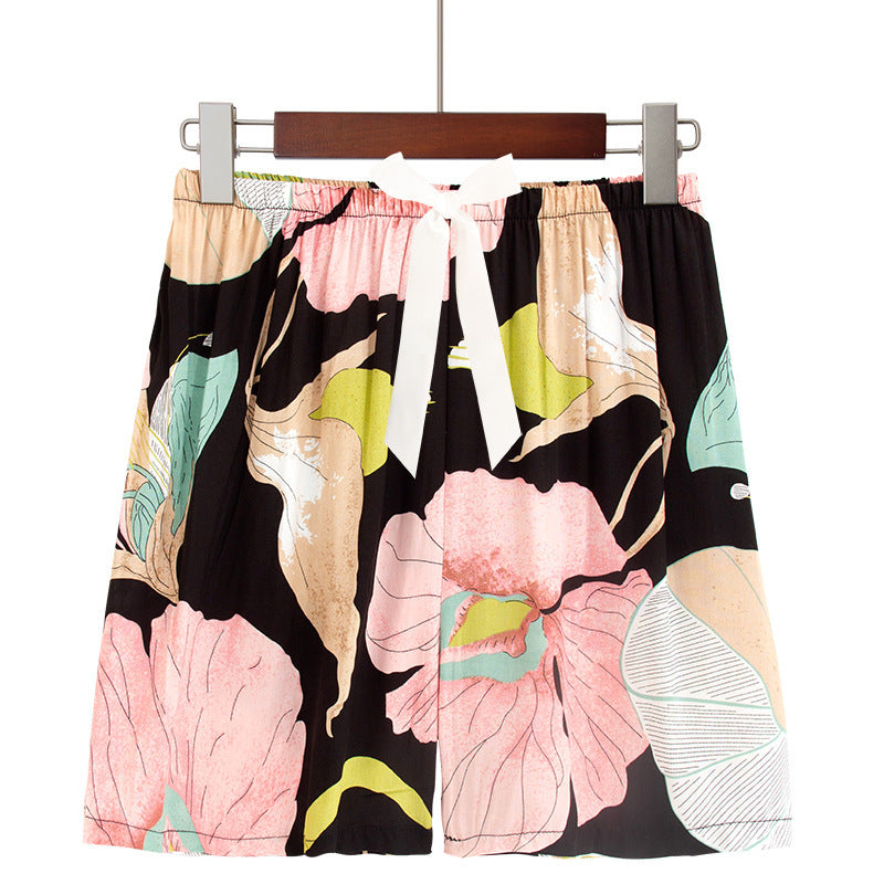 Plus Size Home Printed Bow Cotton Silk Shorts