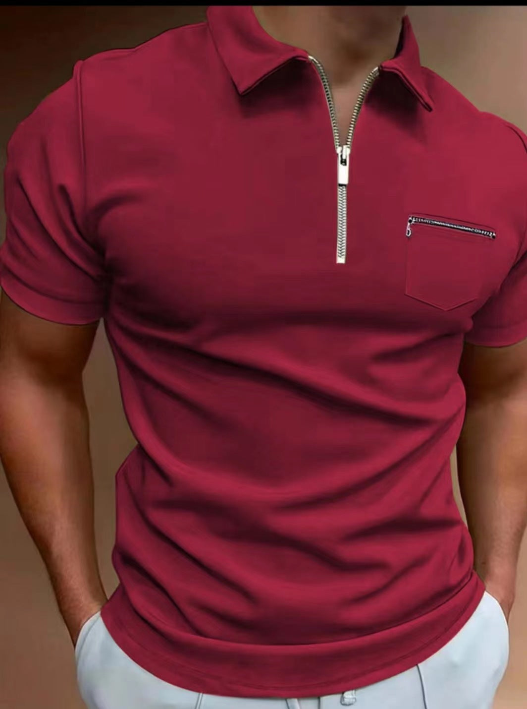 Summer Men's Solid Color Pocket Short Sleeve Lapel T-shirt