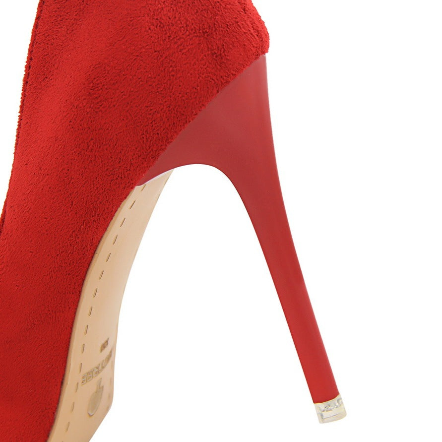 Sweet And Elegant High-heeled Suede Shallow Pointy Shoes