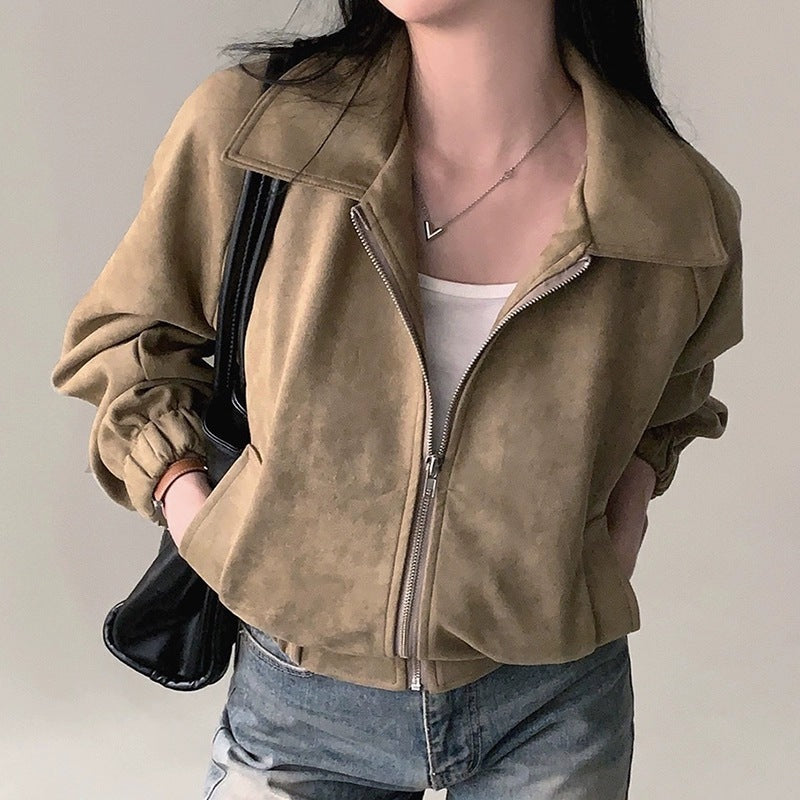 French Vintage Lapel Zip-up Suede Feeling Loose With Long Sleeves Short