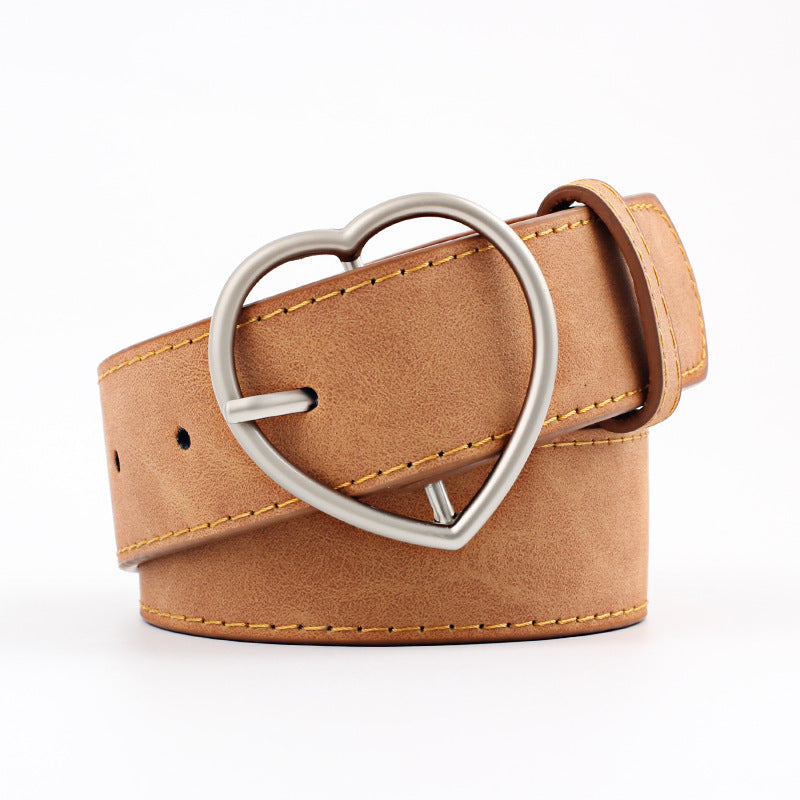 Women's Alloy Peach Heart Japanese Buckle Frosted Leather Wide Belt