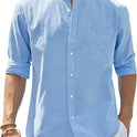 Men's Stand Collar Long Sleeve Solid Color Cotton Shirt