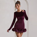 Round Neck Long Sleeve Velvet Three-dimensional Pleated Dress Women