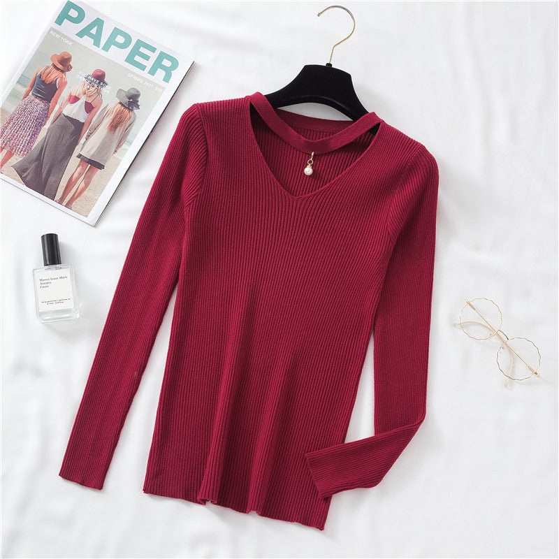 Autumn And Winter New V-neck Long-sleeved T-shirt Women Slim Slim Fashion