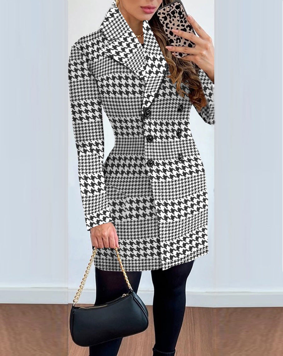 Women's Long-sleeved Double-breasted Suit Collar Printed Coat