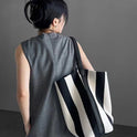 Black And White Contrast Color Wide Shoulder Striped Canvas Bag