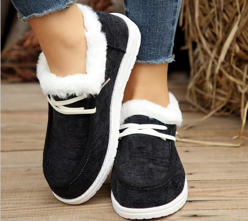 European And American Flat Heel Low Cut Round Head Fleece-lined Thick Furry Warm Women