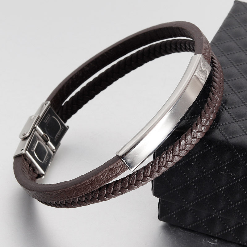 Men's Stainless Steel Genuine Leather Bracelet