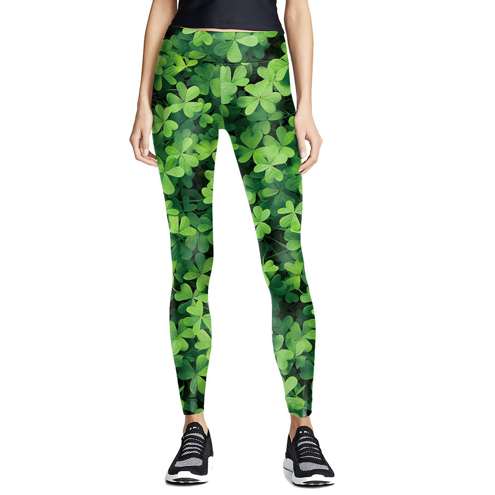 Digital Printed Green Leaf Elastic Slim Fit Running Pants Yoga Pants