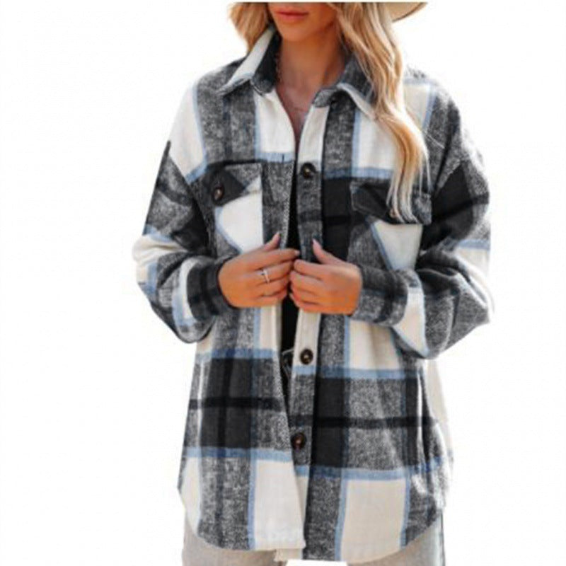 Cashmere Long Sleeve Plaid Top Loose Casual Women