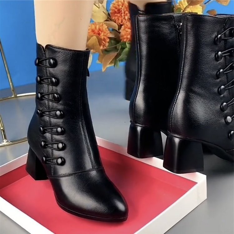 Soft Leather Ankle Boots Fashion Mid Heel Mid-calf High Heels