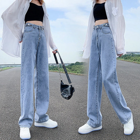 Women's Adjustable Waist Jeans High Waist Straight Pants Loose