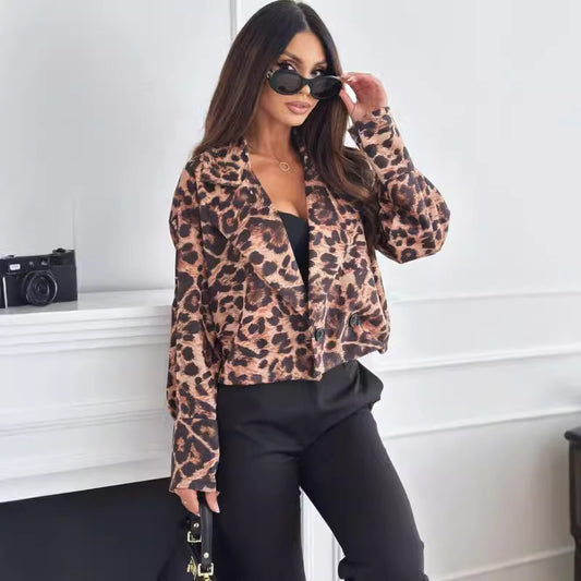 Long Sleeve Short Leopard Print Blazer For Women