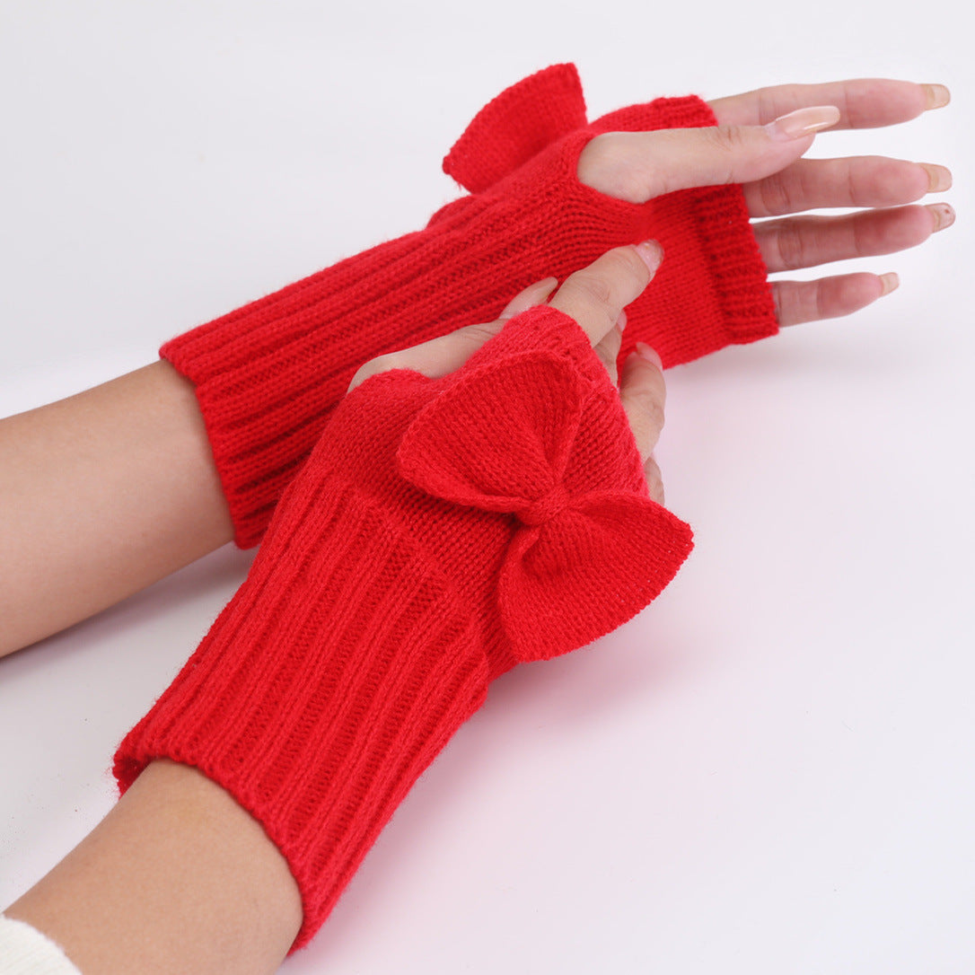 Bow Knitted Wool Keep Warm Half Finger Fingerless Gloves