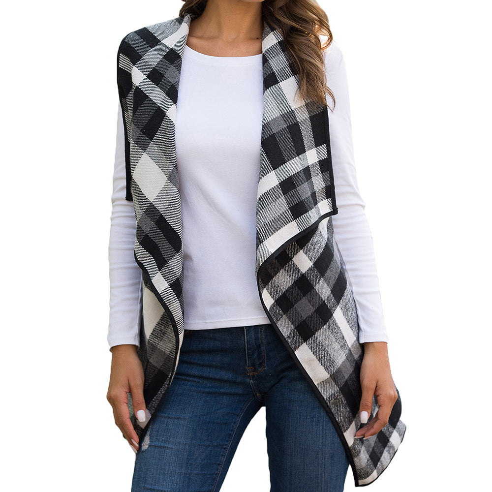 Women's Vest Top Check Lapel Sleeveless Cape