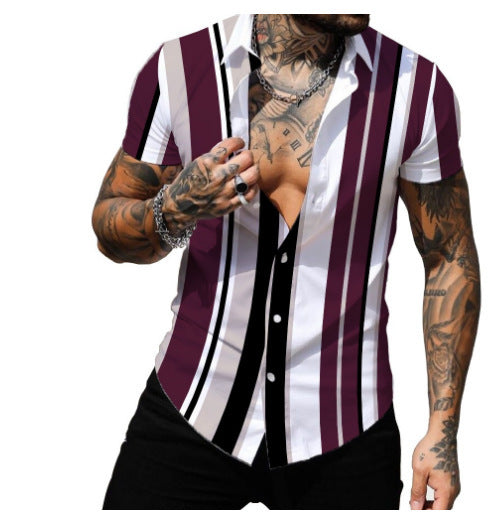 Digital Printing Striped Hawaiian Lapel Thin Short Sleeve