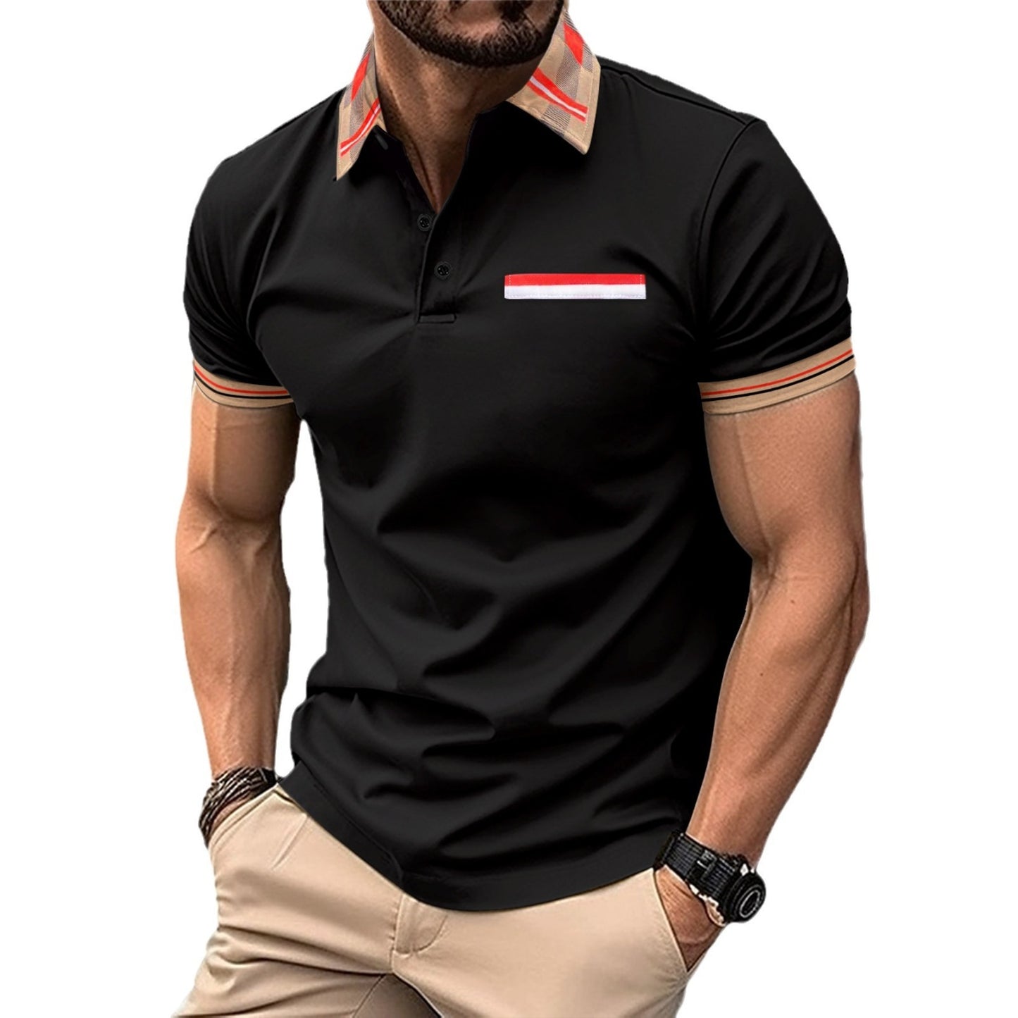 Color Matching Polo Collar Stripes Versatile T-shirt