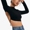 Crop Top Solid Tie Backless Curved Hem