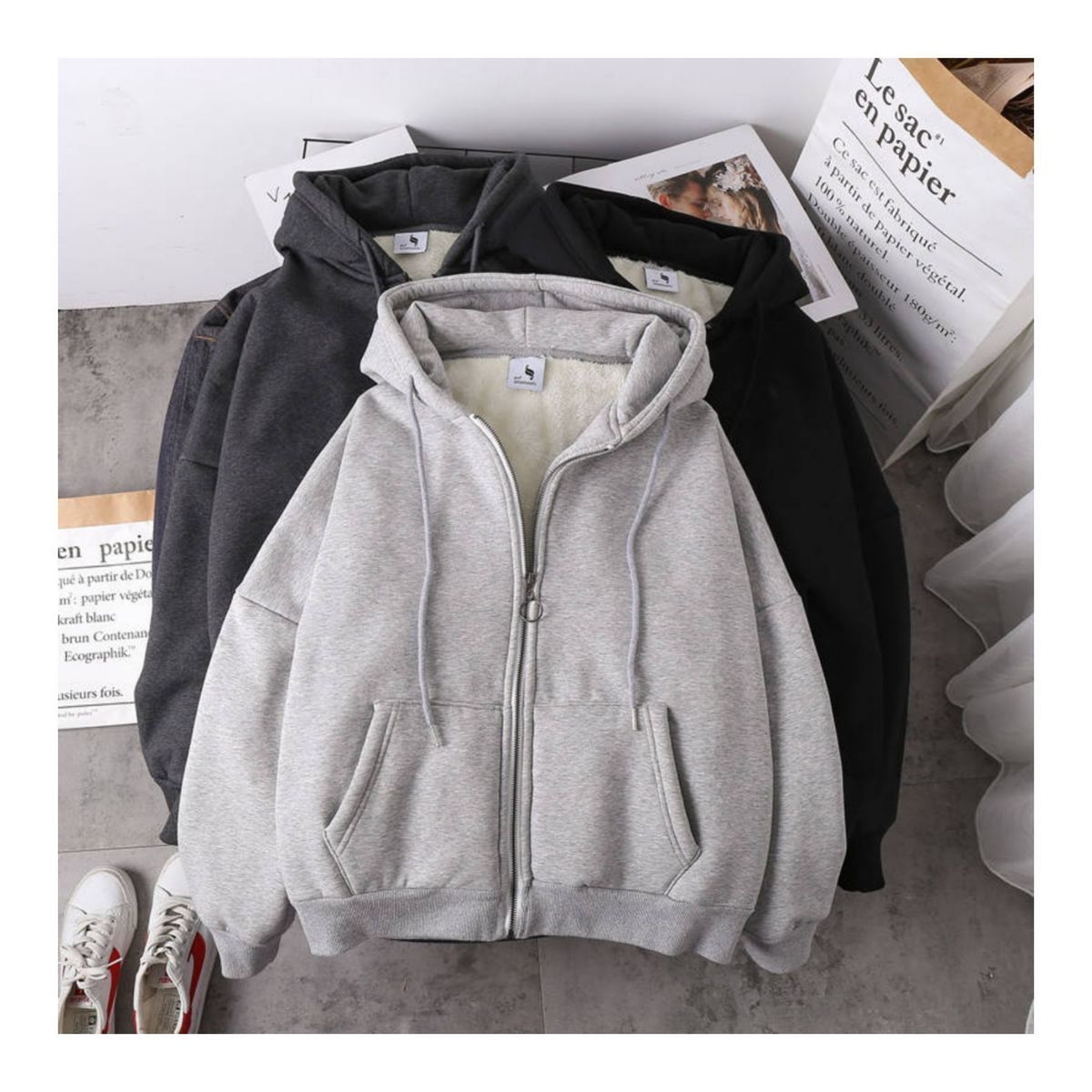 Student versatile loose hooded zipper cardigan sweater