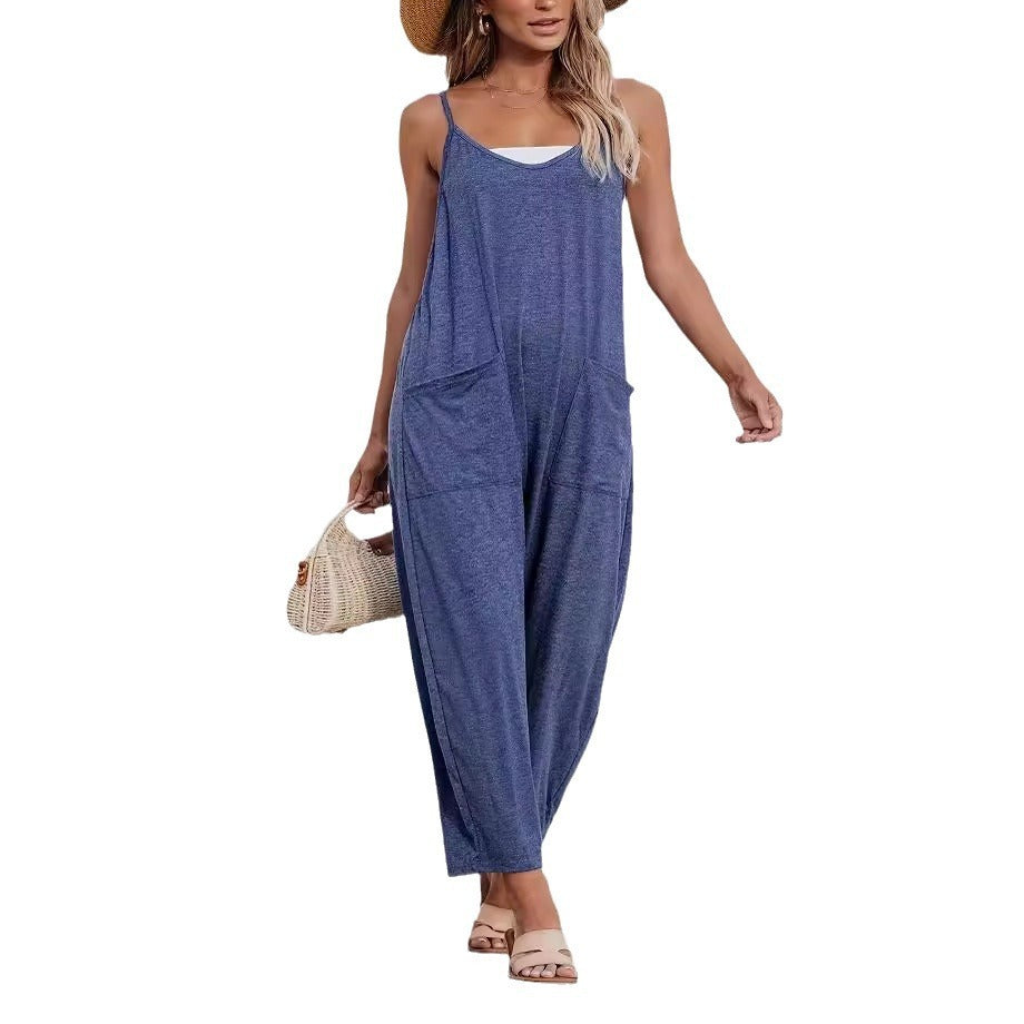 Summer New Casual Spaghetti Straps Knitted Jumpsuit Suspender Trousers