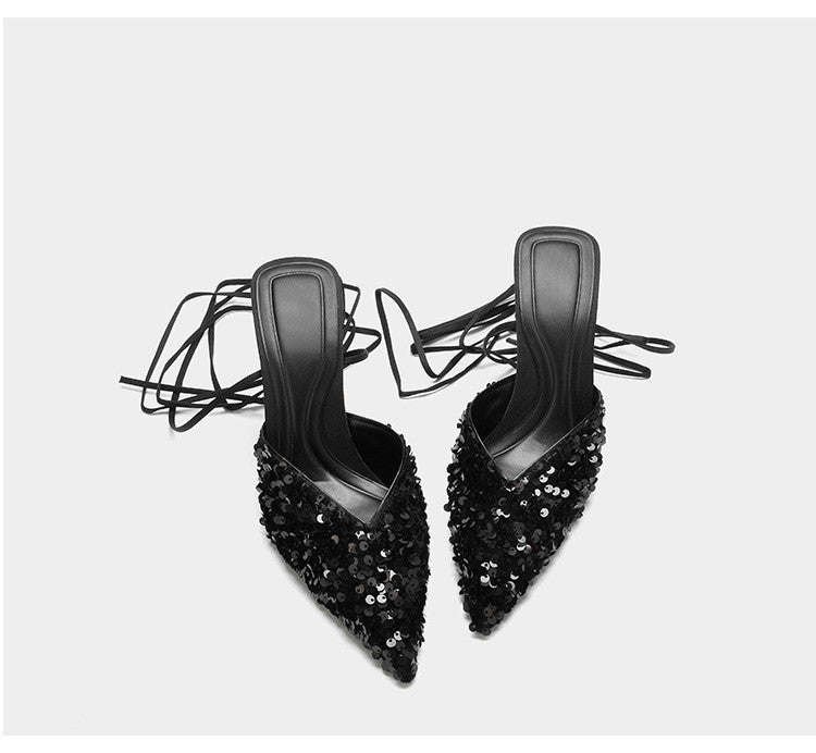 Black Sequined Stiletto  Strap Toe Pointed  Strappy Toe Shoes