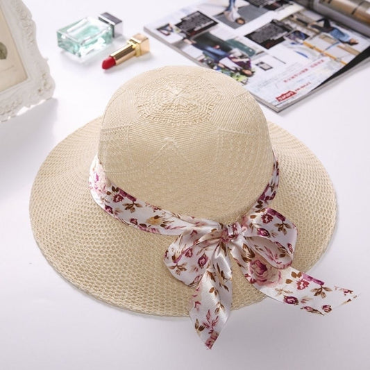 Dome Large Brim Monochrome Bow Straw Hat