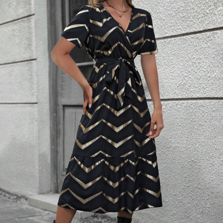 Striped Print Belt Elegant Short Sleeve Dress