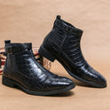 Men's Crocodile Pattern Boots Fashion Pointed Toe Low Square Heel Buckle Zipper Ankle Boots Business Formal Leather Shoes