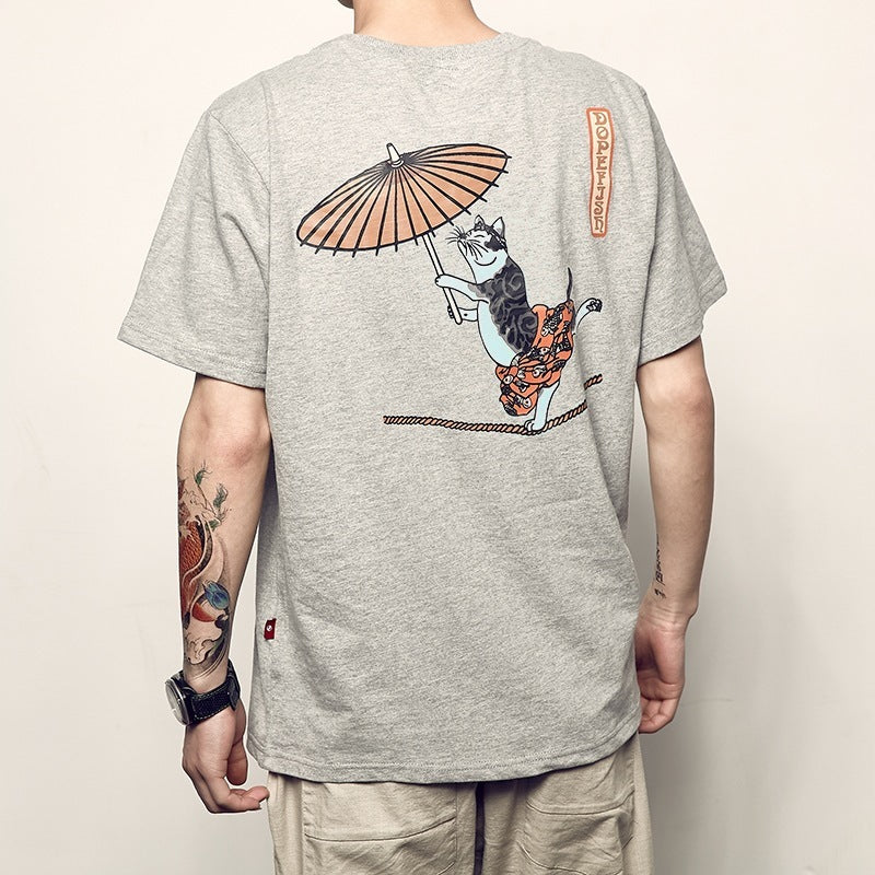 Men's cat print loose t-shirt