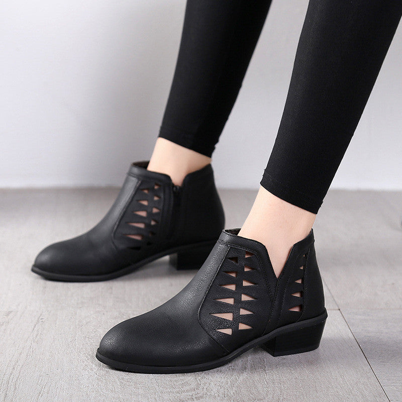 Ladies Side Zipper Hollow Thick Heel Women's Boots