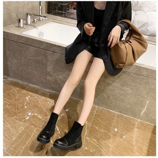 British style black platform stretch boots