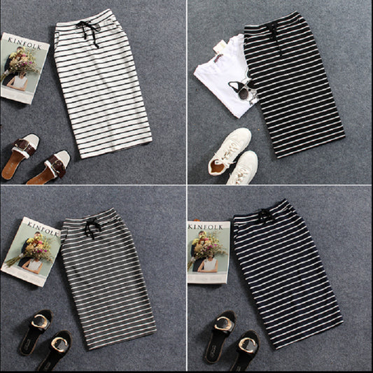 Black And White Striped Casual Pocket Mid-length Bag Hip Skirt