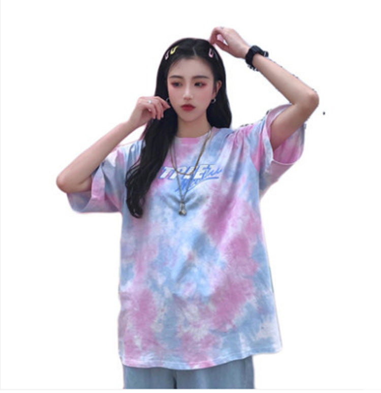 Loose Harajuku style tie-dye bf top summer