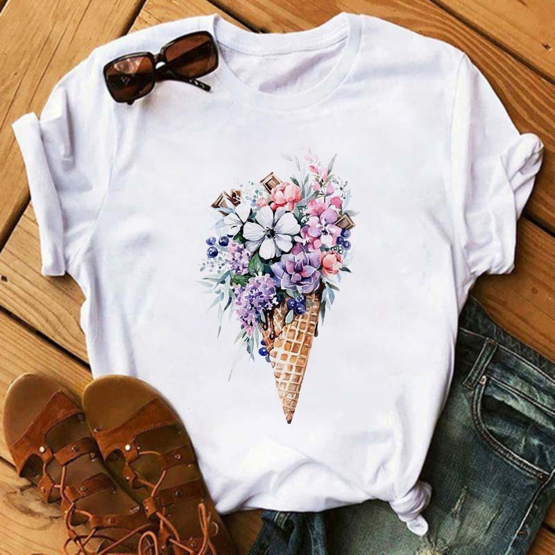 Ice Cream Flower Print Men And Women Couple Short Sleeve