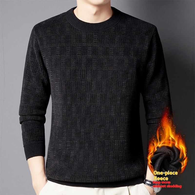 Men's Jacquard Long Sleeve Fleece-lined Thick Warm Sweater