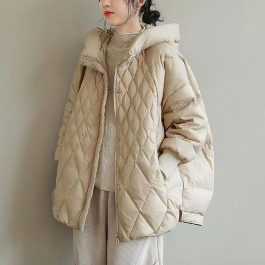 Diamond Lattice Artistic Loose White Duck Down Jacket