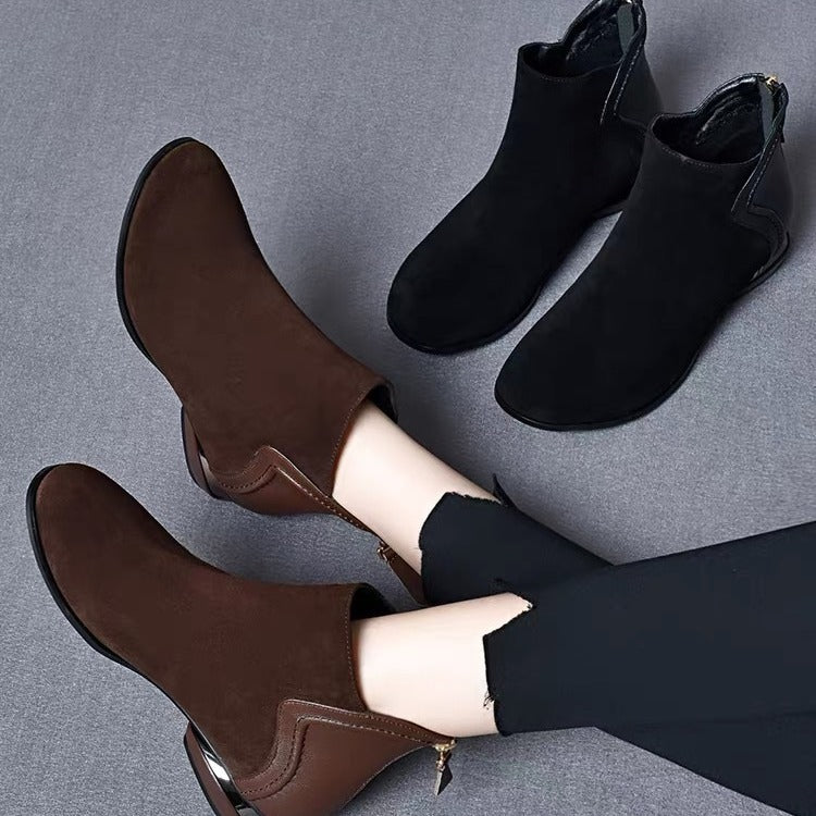 Soft Leather And Velvet Frosted Round Toe Low Heel Ankle Boots