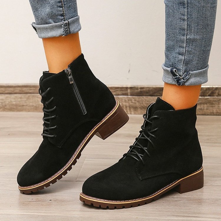 Chunky Heel Round Toe Martin Boots Side Zipper English Style Women's Shoes