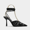 Black Sequined Stiletto  Strap Toe Pointed  Strappy Toe Shoes