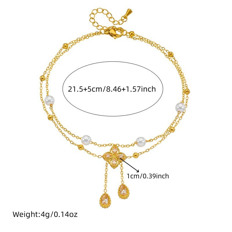 Fashion Double Layer Twin Diamond Diamond Flower Pearl Anklet