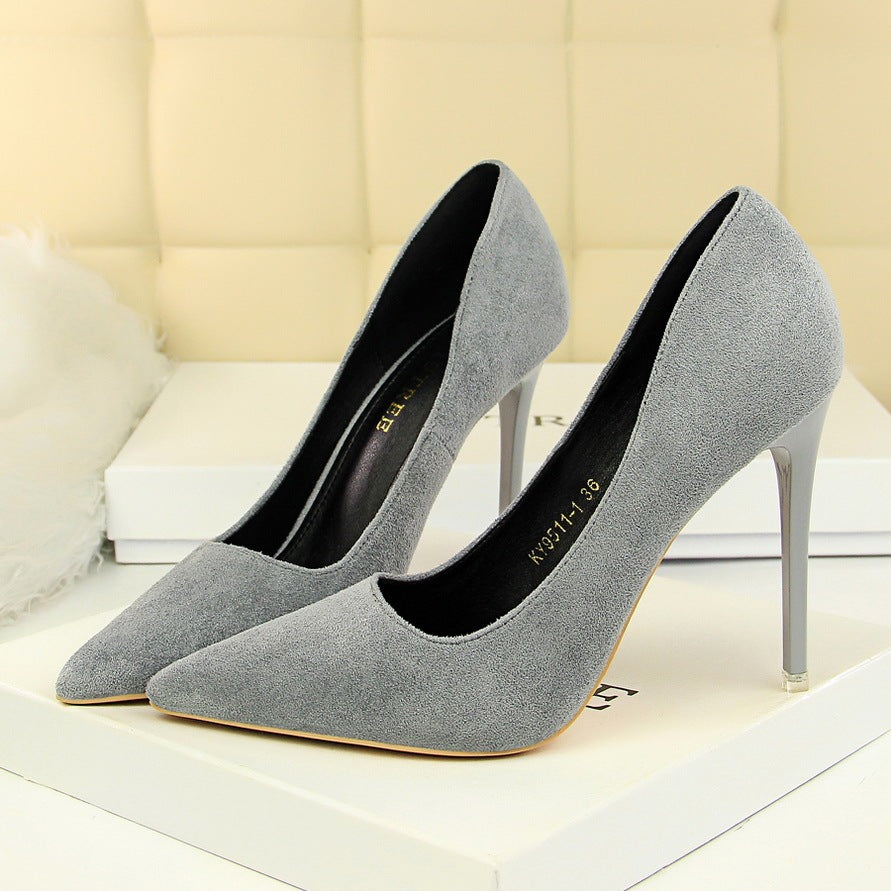 Sweet And Elegant High-heeled Suede Shallow Pointy Shoes